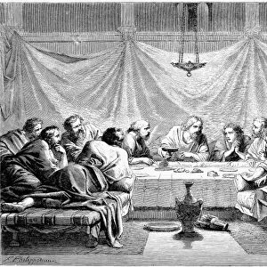 THE LAST SUPPER. Jesus and his disciples at the Last Supper. Wood engraving after a painting by Henri Felix Emmanuel Philippoteaux (1815-1884)