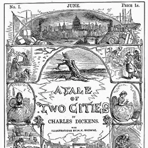 A TALE OF TWO CITIES. Cover of volume one, 1859, of the serial edition of Charles Dickens A Tale of Two Cities, illustrated by Hablot Knight Browne, Phiz