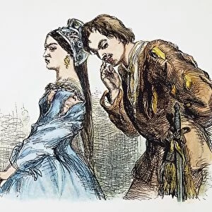 TAMING OF THE SHREW. Petruchio introduces himself to Katherine in Act II, scene 1 of William Shakespeares Taming of the Shrew, wood engraving, 19th century