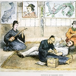 TATTOO PARLOR, 1882. A European being tattooed at a Nagasaki, Japan, parlor. Wood engraving, English, 1882