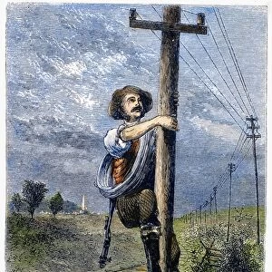TELEGRAPH REPAIR MAN, 1873. A telegraph repair man on the American frontier. Wood engraving, American, 1873