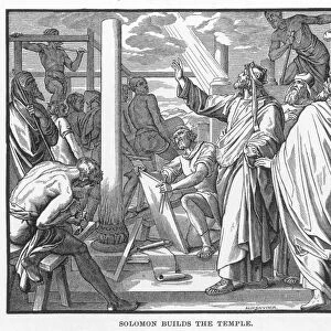 TEMPLE OF SOLOMON. King Solomon supervising construction of the temple. Wood engraving, American, 1884
