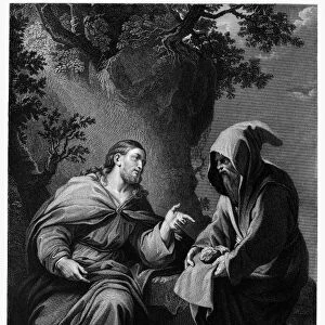 TEMPTATION OF CHRIST. Christ tempted in the wilderness. Steel engraving after the painting by Luca Giordano