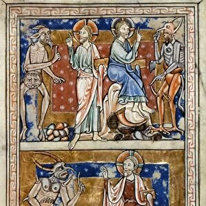 Three temptations of Christ: English manuscript illumination from Huntingsfield Psalter, c1215