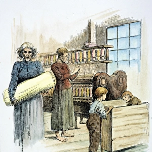 TEXTILE MILL: U. S. A. Women and children in a cotton mill in Georgia: line engraving, American, 1891