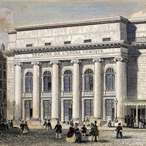 THEATRE DE L OPERA COMIQUE. View of the Theatre de l Opera Comique in Paris, France. Line engraving, French, 19th century
