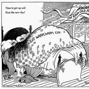Time to get up and face the new day! American cartoon by Dr. Seuss (Theodor Geisel) for PM, 24 February 1942, on the importance of helping the Allied effort in World War II