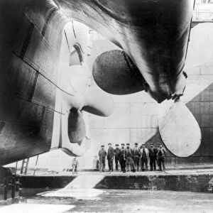 TITANIC: LAUNCH, 1911. The RMS Titanic in drydock about to be launched at Harland & Wolff shipyards, Belfast, Ireland. Photographed 31 May 1911