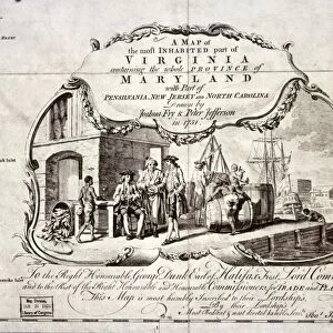 TOBACCO WAREHOUSE, 1775. English colonists at a dockside tobacco warehouse on the Chesapeake. Cartouche, English, 1775, from an engraved version of the map of Virginia drawn in 1751 by Joshua Fry and Peter Jefferson