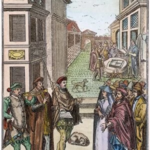 TOWN CRIER, 1557. The town crier blowing his trumpet