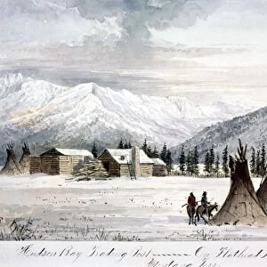 TRADING OUTPOST, c1860. Hudson Bay Trading Post on Flathead Indian Reservation, Montana Territory. Watercolor by Peter Petersen Tofft, c1860