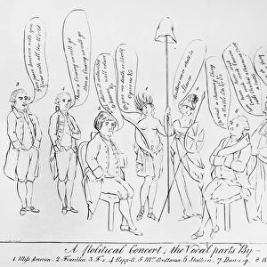 `TREATY OF PARIS, 1783. A Political Concert; the Vocal parts By -. Contemporary English cartoon allegory of the Peace of Paris, 1783. Benjamin Franklin and King George III of England are seated