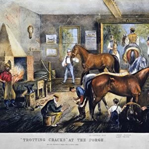 TROTTING CRACKS. Trotting Cracks at the Forge. Lithograph, 1869, by Currier & Ives