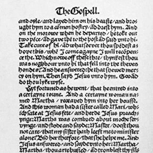 TYNDALEs BIBLE, 1525. A page from William Tyndales New Testament, 1525, the