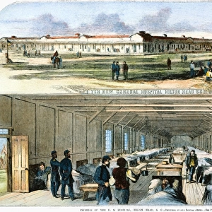 The U. S. hospital built at Hilton Head, South Carolina, for Union soldiers wounded in the Civil War: Engraving from an American newspaper, c1863