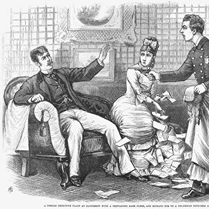 UNDERCOVER POLICE, 1870. A female detective plans to elope with a bank robber, and betrays him to a policeman disguised as a servant. English newspaper engraving, 1870