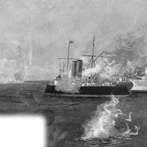 VENEZUELA BLOCKADE 1902-03. H. M.s Charybdis and the German cruiser Vineta bombarding