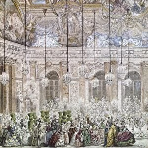 VERSAILLES: MASKED BALL. Masquerade ball given at the Palace of Versailles, France, on the occasion of the marriage of the Dauphin, later King Louis XV, and Maria Teresa of Spain, 1745. Contemporary engaving by Cochin