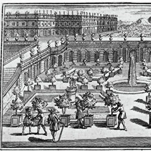 VERSAILLLES: GARDEN. Planting trees in planters at Versailles. Line engraving from The Perfect Gardener. Instructions for Fruit and Vegetable Gardens by Jean-Baptiste de la Quintinie, Paris, 1690