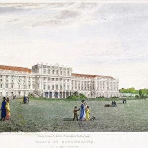 VIENNA: SCHONBRUNN, 1822. Garden view of the Palace of Schonbrunn, Vienna, Austria: colored engraving, 1822