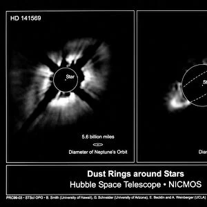 Views of protoplanetary disks surrounding the stars HD 141569, in the constellation Libra (left), and HR 4796A, in the constellation Centaurus, with diagrams comparing their size to that of Neptunes orbit. Photographed by the Near Infrared Camera and Multi-Object Spectrometer (NICMOS) of the Hubble Space Telescope, c1998