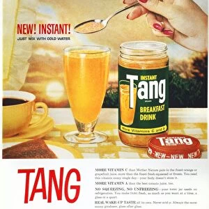 More Vitamin C than Orange Juice. Advertisement for Tang instant breakfast drink from an American magazine of 1959