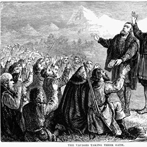 WALDENSES, 1561. The Vaudois taking an oath of alliance with other Protestants. Line engraving, c1874
