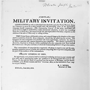 WAR OF 1812: ENLISTMENT. Military Invitation. Broadside from the governor of Ohio