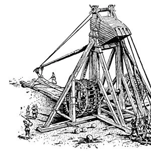 WEAPONS: MANGONEL. A mangonel siege engine, c13th century. Pen-and-ink drawing