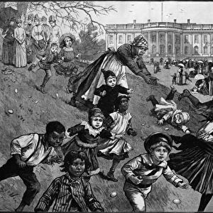WHITE HOUSE: EASTER, 1887. Children chasing eggs at the annual Easter Egg Roll at the White House lawn in Washington, D. C. Wood engraving, American, 1887