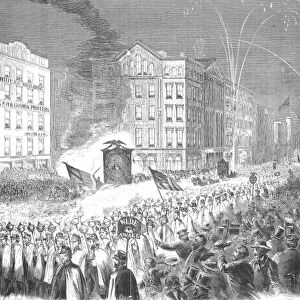 A Wide Awake torch rally in support of Abraham Lincoln, the Republican presidential candidate, in New York, 3 October 1860. Wood engraving from a contemporary American newspaper
