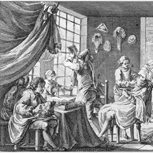 WIGMAKING, 18th CENTURY. An 18th-century French wigmakers shop: (a) getting a shave; (e) heating a curling iron; and (f) excess powder being wiped from the face. From L Encyclopedie of Denis Diderot
