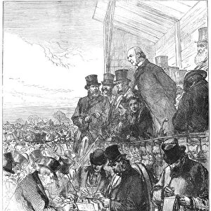 WILLAIM EWART GLADSTONE (1809-1898). English satesman. The General Election: Mr. Gladstone Addressing the Electors of Greenwich on Blackheath. Wood engraving from an English newspaper of 1874