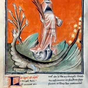 WOMAN CLOTHED WITH SUN. French manuscript illumination, c1415, from the Apocalypse