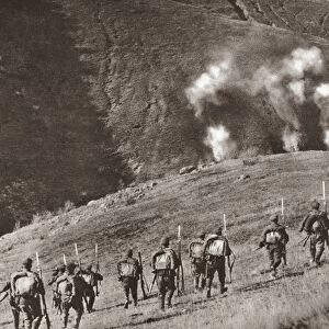 WORLD WAR I: BALKAN FRONT. Bulgarian troops advancing against heavy artillery fire