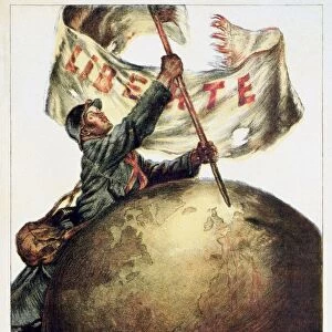 WORLD WAR I: FRENCH POSTER. French soldier sticking a flag with the word LibÔÇÜ rtÔÇÜ on it into a globe. Lithograph poster by Abel Faivre, 1917, advertising the 3rd National Defense Loan to support French troops during World War I