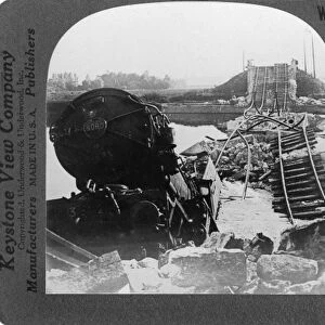 WORLD WAR I: MARNE BRIDGE. The tangled wreckage of a Red Cross train and a railroad