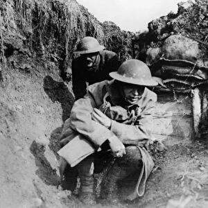 WORLD WAR I: TRENCH, 1918. American soldiers in a trench on a battlefield in the