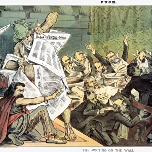 The Writing on the Wall. American lithograph cartoon by Joseph Keppler, 1884, depicting prominent Republicans at a modern-day Belshazzars feast, which has been thrown into an uproar over the rejection by many party members of their reputedly corrupt presidential nominee, James G. Blaine (standing at left)