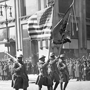 WWI: PARADE, 1919. Troops of the 369th Infantry Regiment on parade up Fifth Avenue