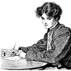 A young woman writing a letter. Pen-and-ink drawing by Charles Dana Gibson, c1900