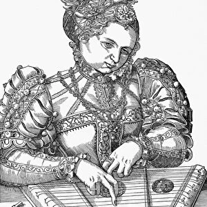ZITHER PLAYER, 16th CENTURY. German woodcut by Tobias Stimmer (1539-1584)