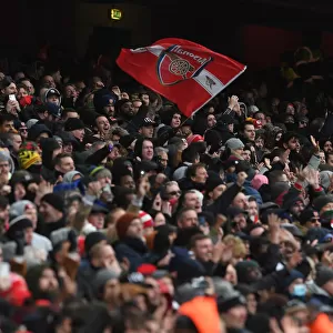Arsenal Fans Wave Flag at Emirates Stadium During Arsenal v Newcastle United Premier League Match, 2021