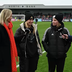 Arsenal Women vs. Everton Women: Beth Mead and Kim Little's Half-Time Interview during FA WSL Clash at Meadow Park