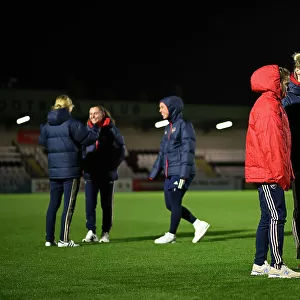 Arsenal Women's Team: Amanda Ilestedt Interacts with Teammates during Pitch Inspection before Arsenal v Bristol City (Conti Cup 2023-24)
