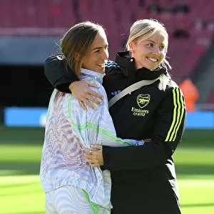 Arsenal Women's Team: Lia Waelti and Leah Williamson Embrace Ahead of Arsenal v Aston Villa (2023-24)