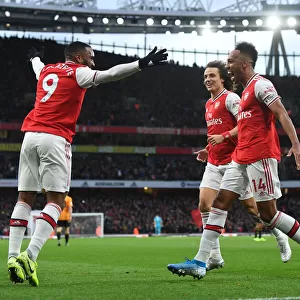 Arsenal's Aubameyang and Lacazette Celebrate Goal Against Wolverhampton Wanderers, Premier League 2019-20