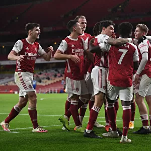 Arsenal's Bukayo Saka and Hector Bellerin Celebrate Goal During Arsenal v Chelsea Warm-Up (2020-21)