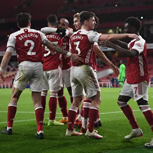Arsenal's Bukayo Saka and Kieran Tierney Celebrate Goal During Arsenal v Chelsea Warm-Up (2020-21)
