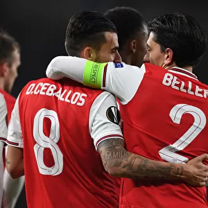 Arsenal's Dani Ceballos and Hector Bellerin Celebrate Goals Against Standard Liege in Europa League Match, 2019